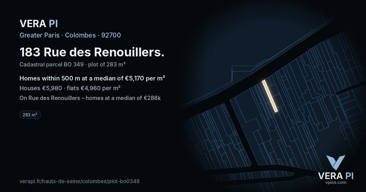 183 Rue des Renouillers, Colombes at night – the plot lit, the parcels around coloured by the prices near them