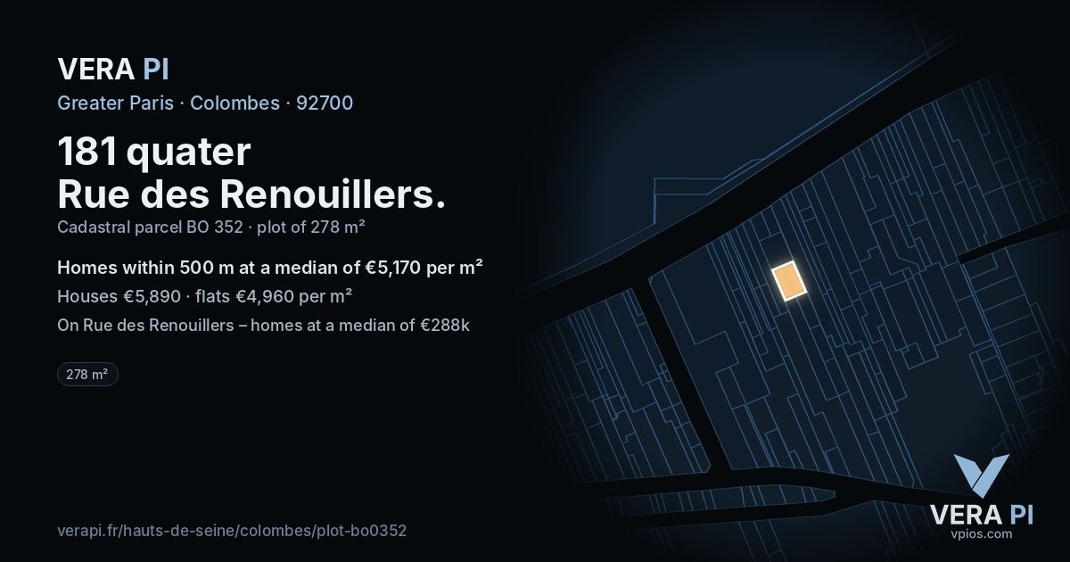 181 quater Rue des Renouillers, Colombes at night – the plot lit, the parcels around coloured by the prices near them