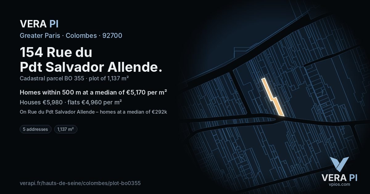 154 Rue du Pdt Salvador Allende, Colombes at night – the plot lit, the parcels around coloured by the prices near them