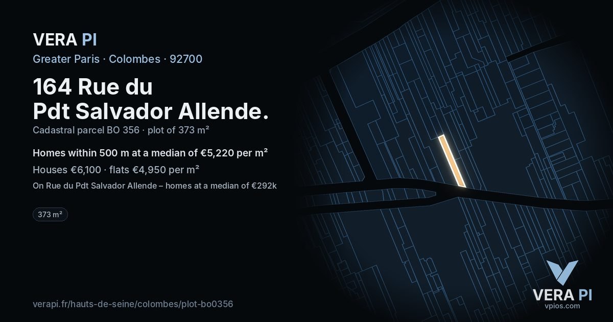 164 Rue du Pdt Salvador Allende, Colombes at night – the plot lit, the parcels around coloured by the prices near them