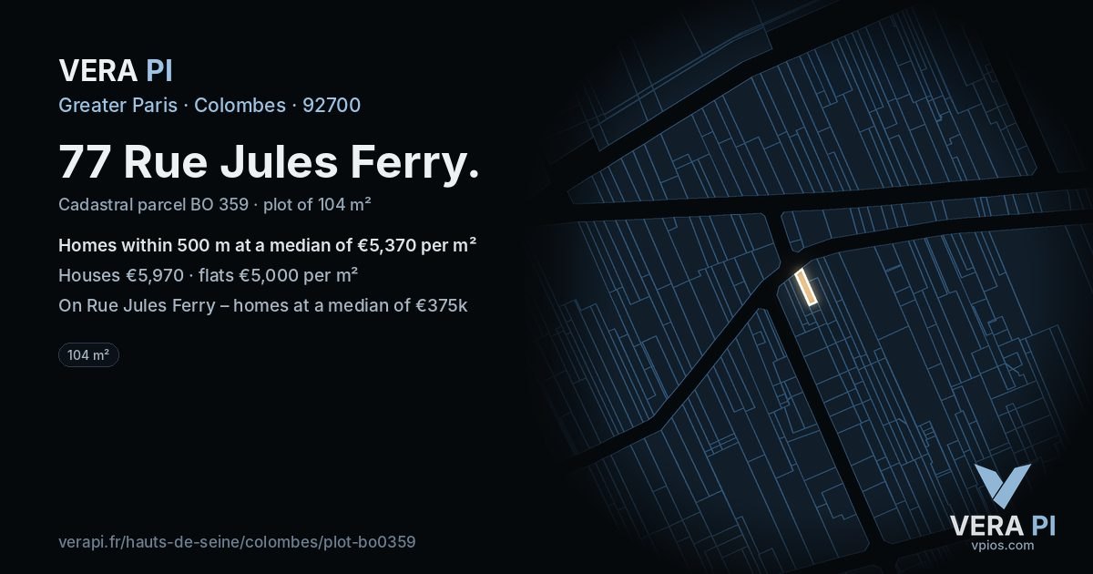 77 Rue Jules Ferry, Colombes at night – the plot lit, the parcels around coloured by the prices near them