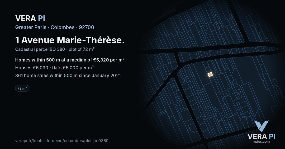 1 Avenue Marie-Thérèse, Colombes at night – the plot lit, the parcels around coloured by the prices near them