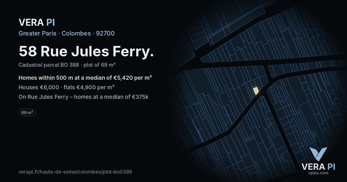58 Rue Jules Ferry, Colombes at night – the plot lit, the parcels around coloured by the prices near them
