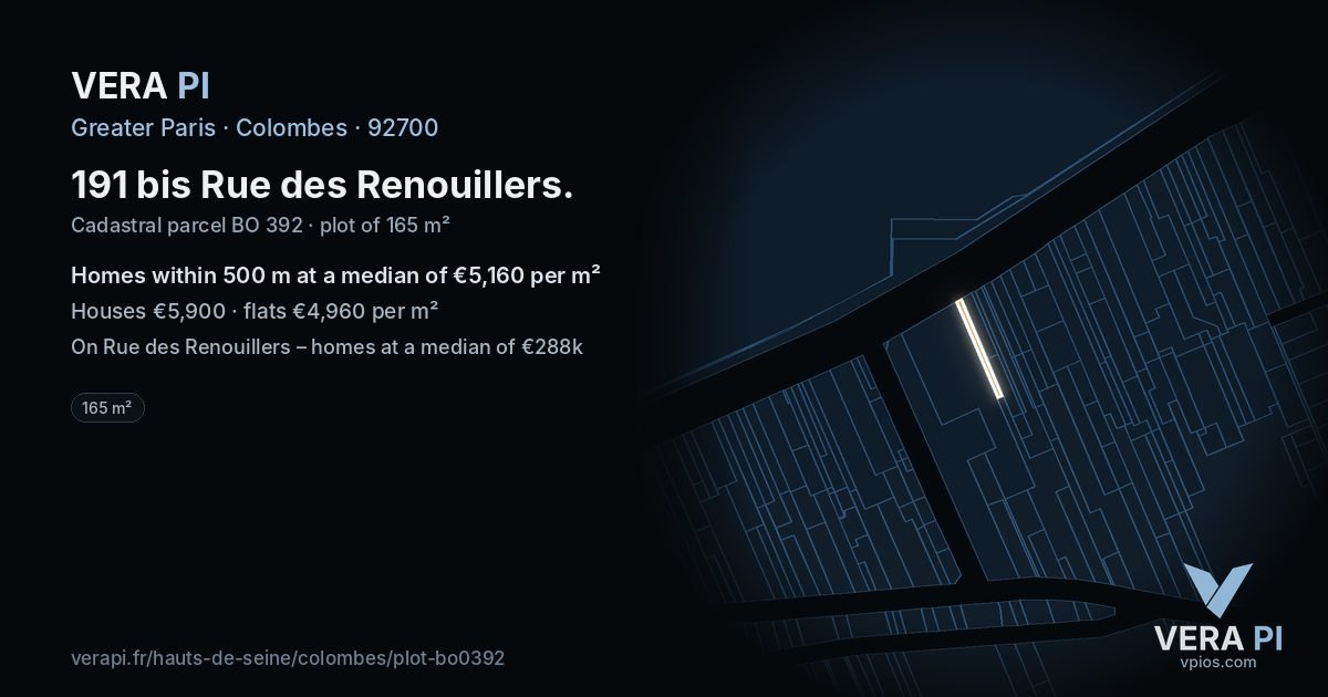 191 bis Rue des Renouillers, Colombes at night – the plot lit, the parcels around coloured by the prices near them