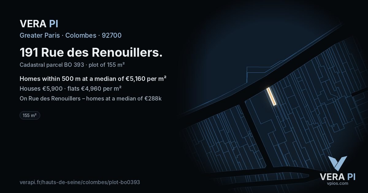 191 Rue des Renouillers, Colombes at night – the plot lit, the parcels around coloured by the prices near them