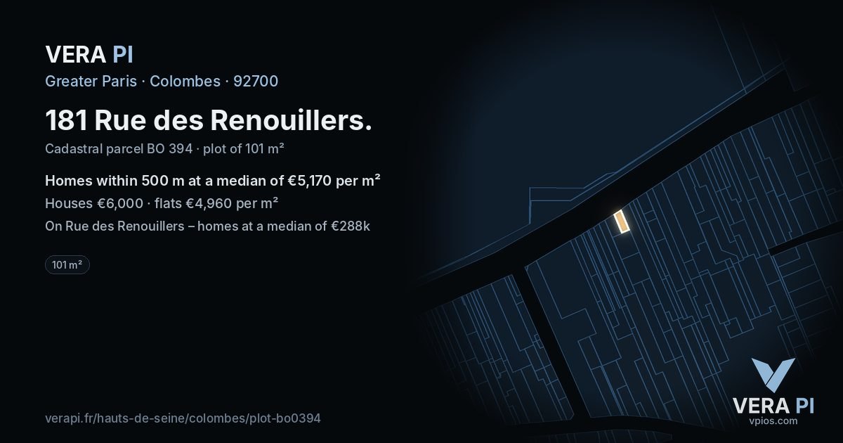 181 Rue des Renouillers, Colombes at night – the plot lit, the parcels around coloured by the prices near them