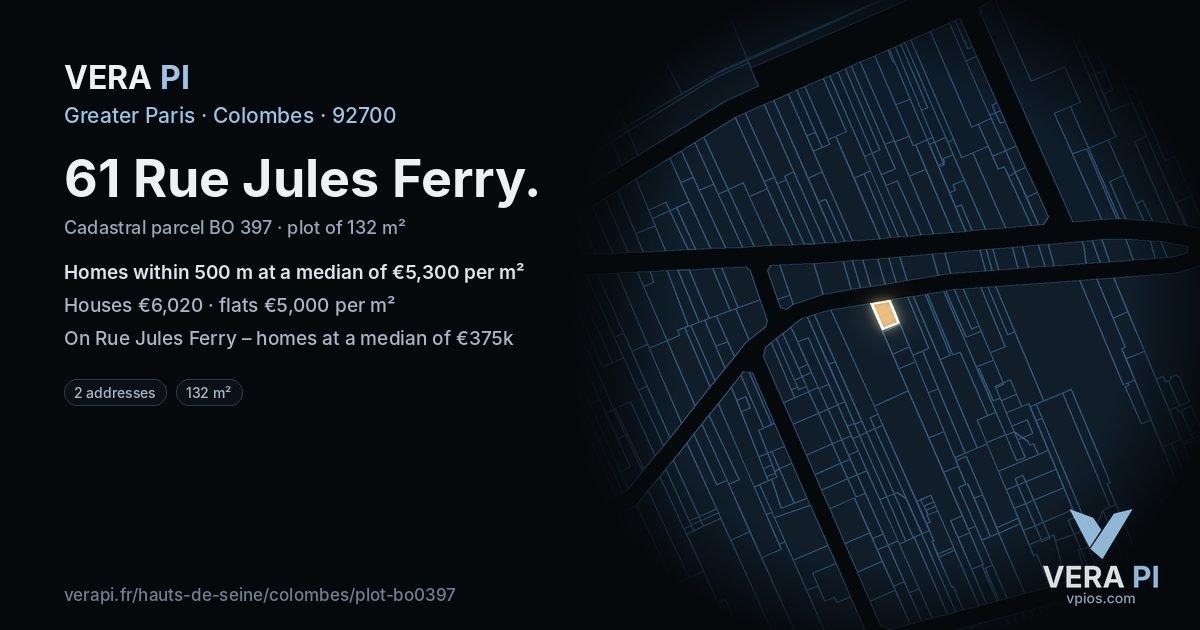 61 Rue Jules Ferry, Colombes at night – the plot lit, the parcels around coloured by the prices near them