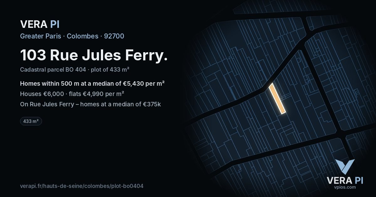 103 Rue Jules Ferry, Colombes at night – the plot lit, the parcels around coloured by the prices near them