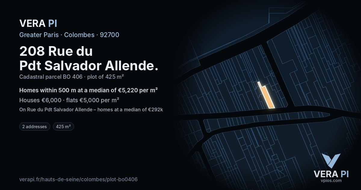 208 Rue du Pdt Salvador Allende, Colombes at night – the plot lit, the parcels around coloured by the prices near them