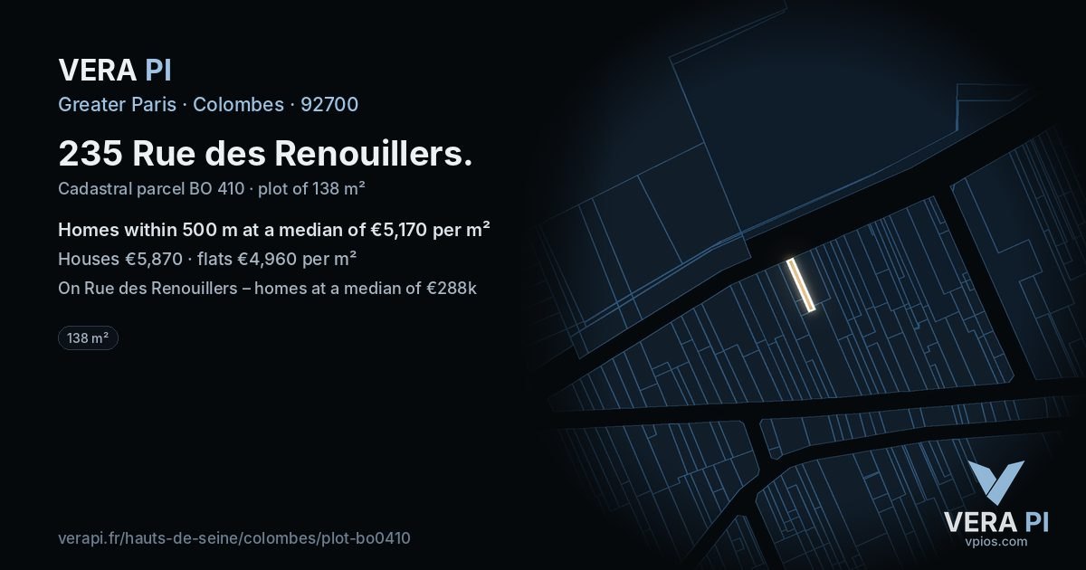 235 Rue des Renouillers, Colombes at night – the plot lit, the parcels around coloured by the prices near them
