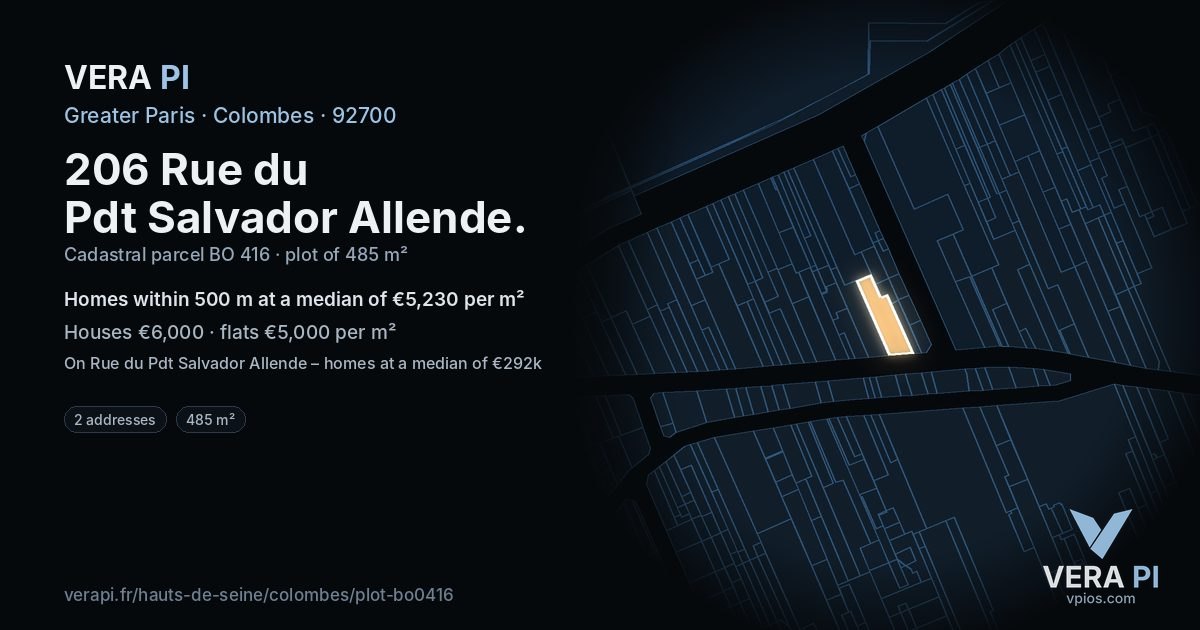 206 Rue du Pdt Salvador Allende, Colombes at night – the plot lit, the parcels around coloured by the prices near them