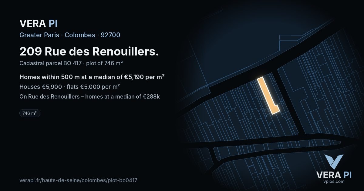 209 Rue des Renouillers, Colombes at night – the plot lit, the parcels around coloured by the prices near them