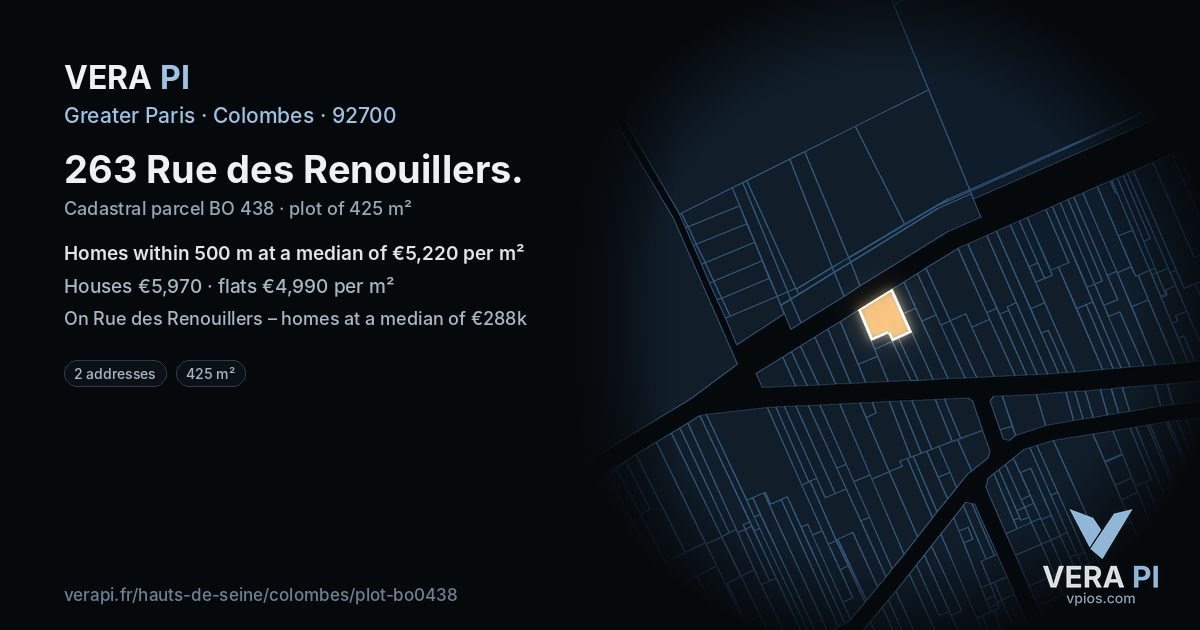 263 Rue des Renouillers, Colombes at night – the plot lit, the parcels around coloured by the prices near them
