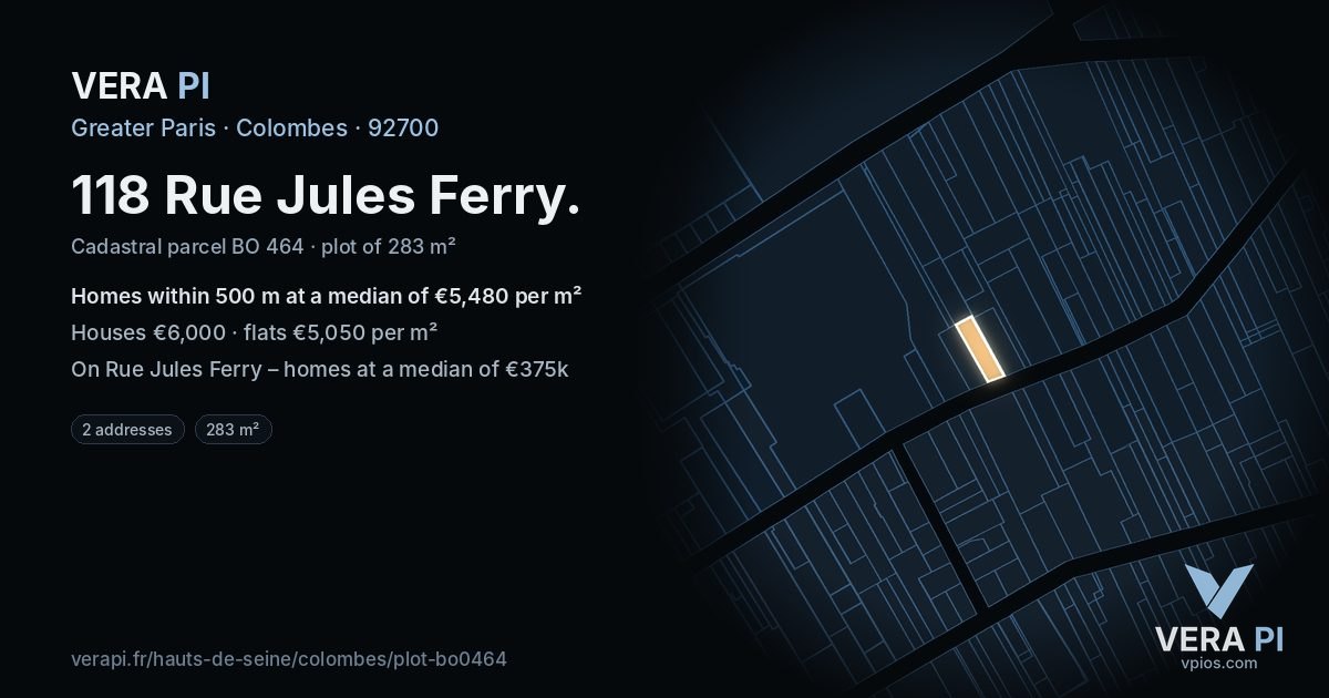 118 Rue Jules Ferry, Colombes at night – the plot lit, the parcels around coloured by the prices near them