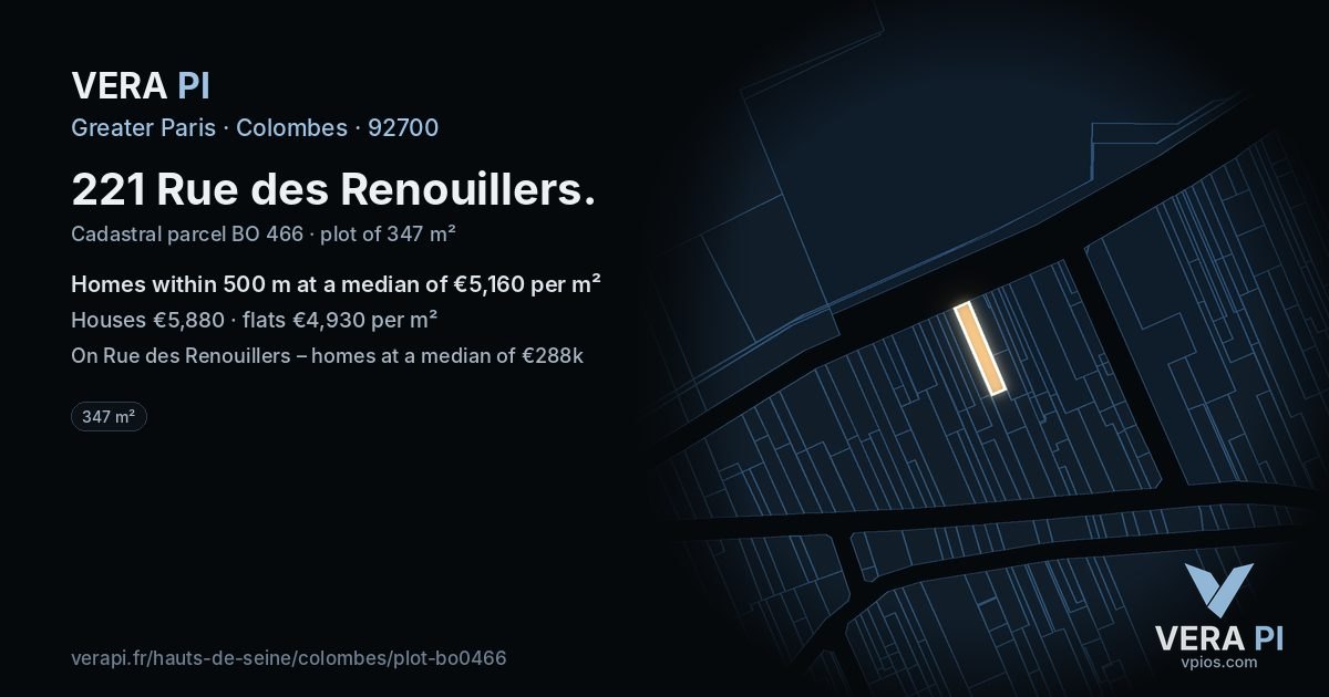 221 Rue des Renouillers, Colombes at night – the plot lit, the parcels around coloured by the prices near them