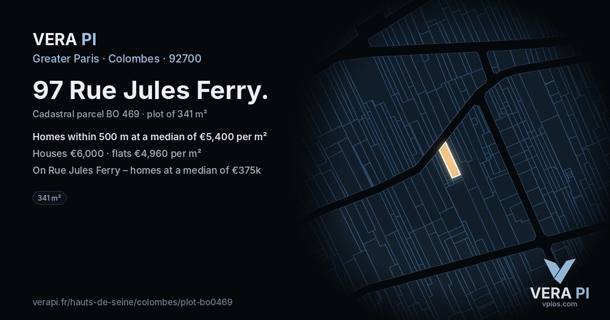 97 Rue Jules Ferry, Colombes at night – the plot lit, the parcels around coloured by the prices near them
