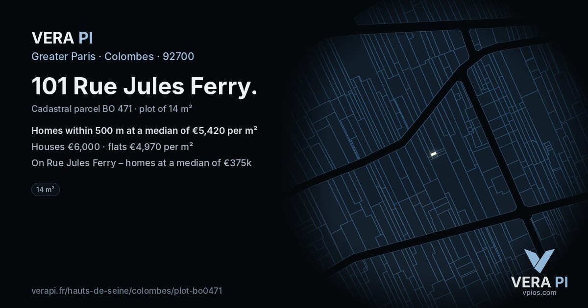 101 Rue Jules Ferry, Colombes at night – the plot lit, the parcels around coloured by the prices near them