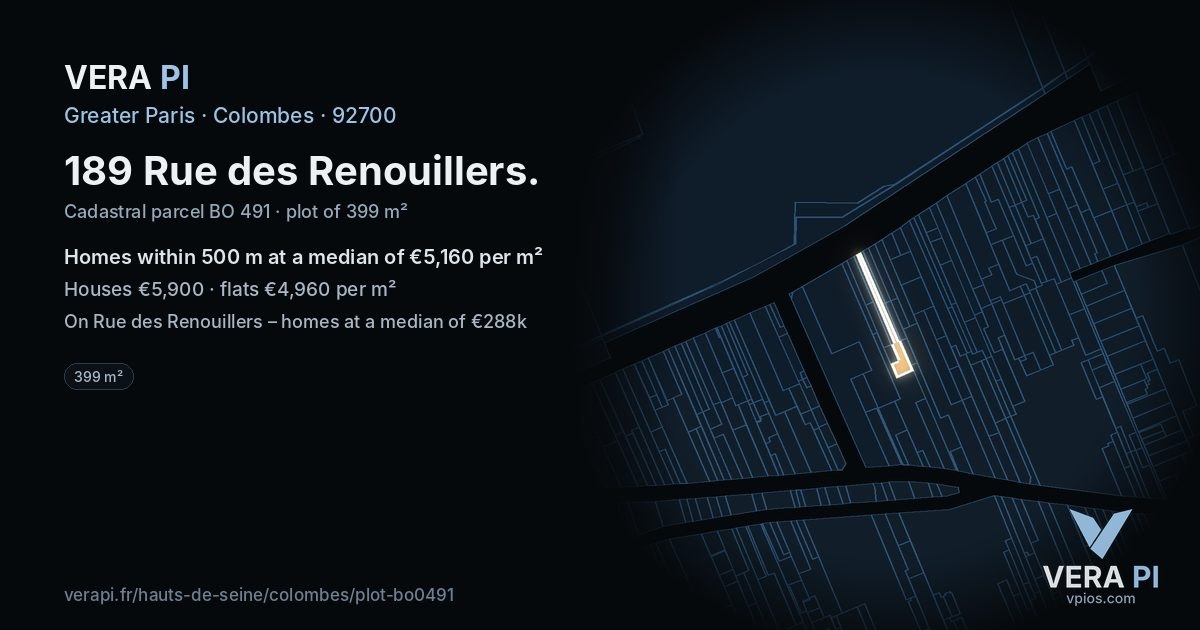 189 Rue des Renouillers, Colombes at night – the plot lit, the parcels around coloured by the prices near them