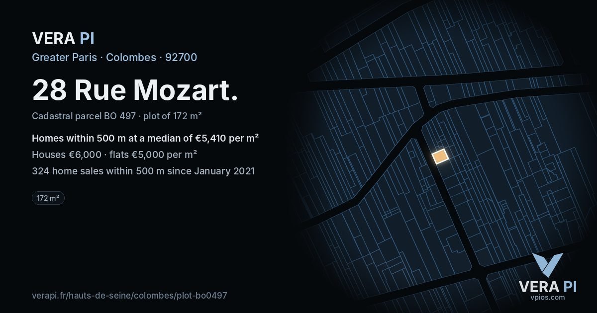 28 Rue Mozart, Colombes at night – the plot lit, the parcels around coloured by the prices near them