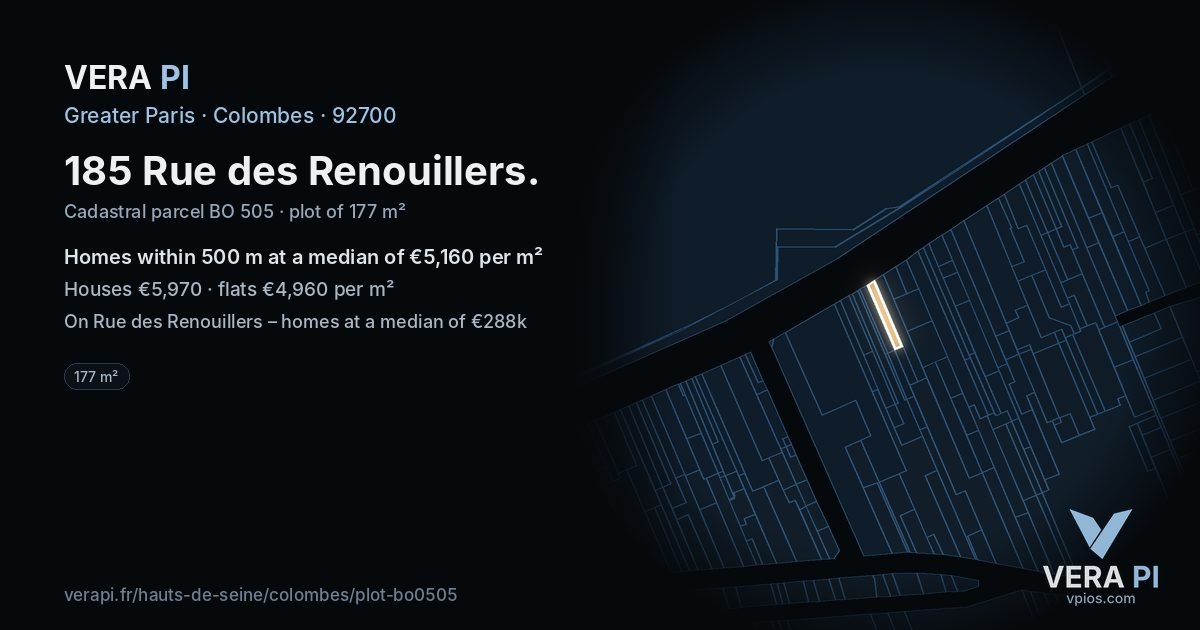 185 Rue des Renouillers, Colombes at night – the plot lit, the parcels around coloured by the prices near them