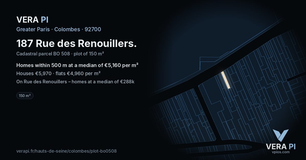 187 Rue des Renouillers, Colombes at night – the plot lit, the parcels around coloured by the prices near them