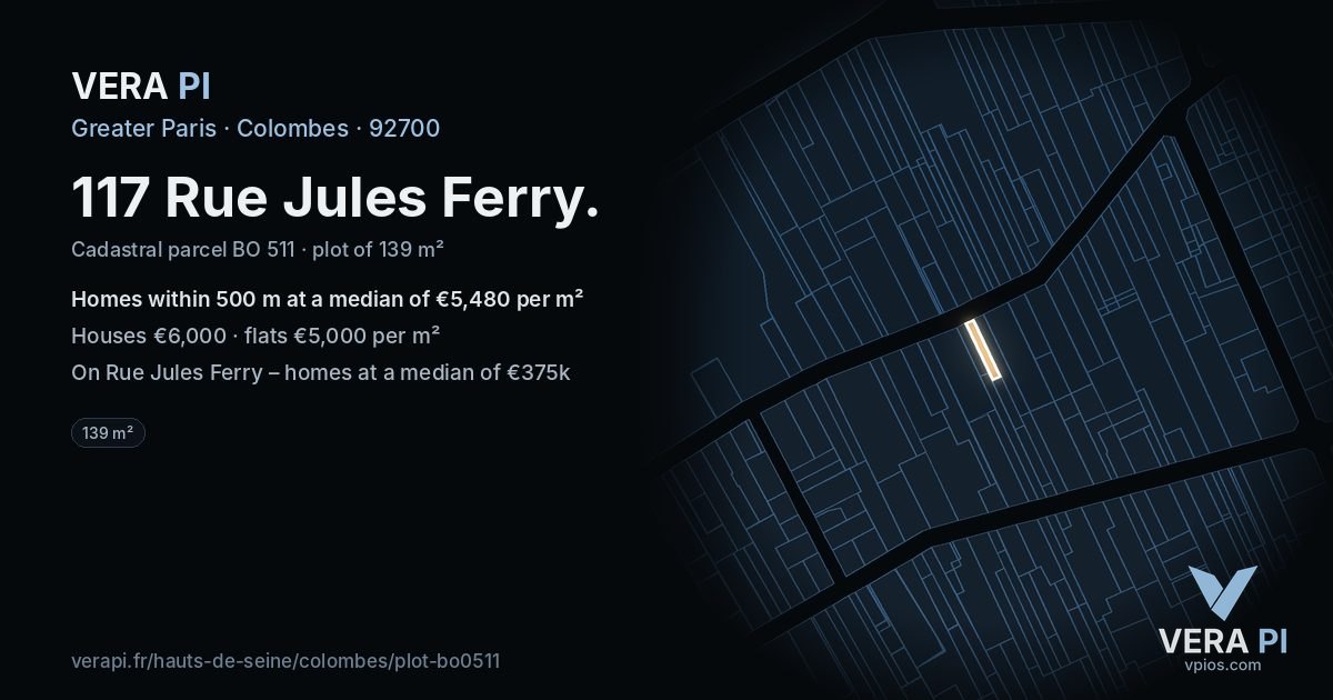 117 Rue Jules Ferry, Colombes at night – the plot lit, the parcels around coloured by the prices near them