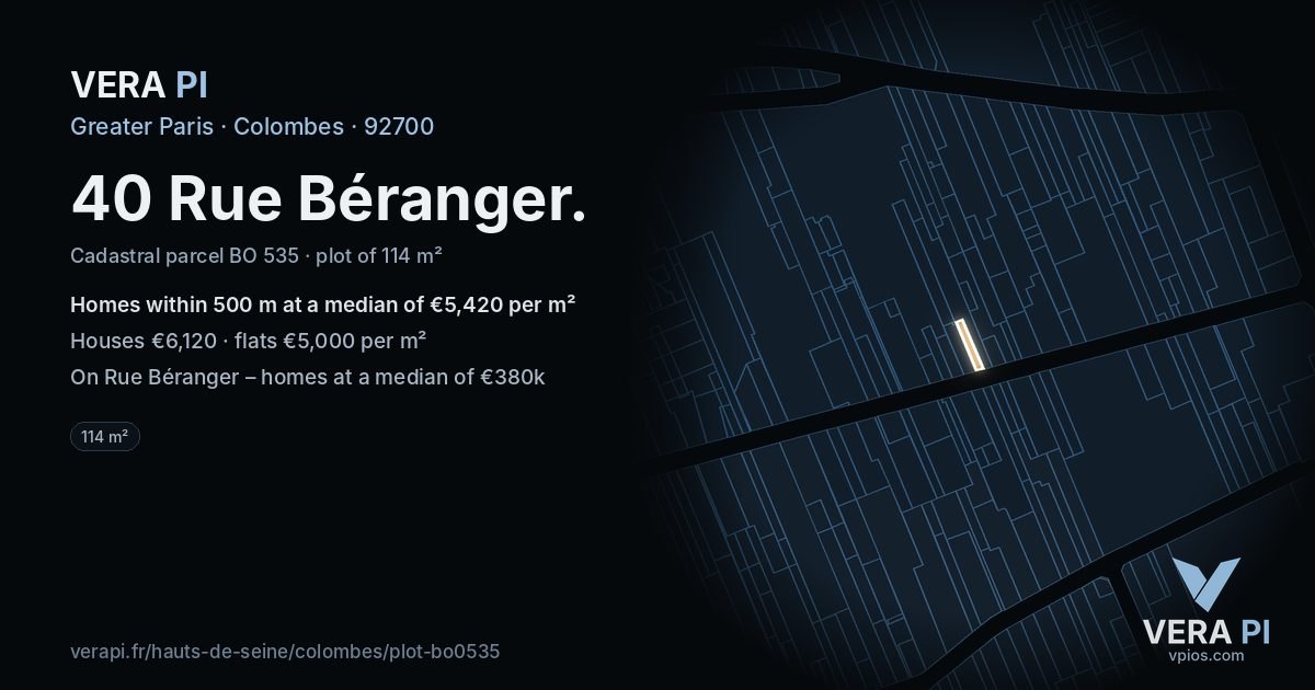 40 Rue Béranger, Colombes at night – the plot lit, the parcels around coloured by the prices near them