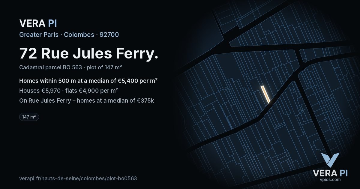 72 Rue Jules Ferry, Colombes at night – the plot lit, the parcels around coloured by the prices near them