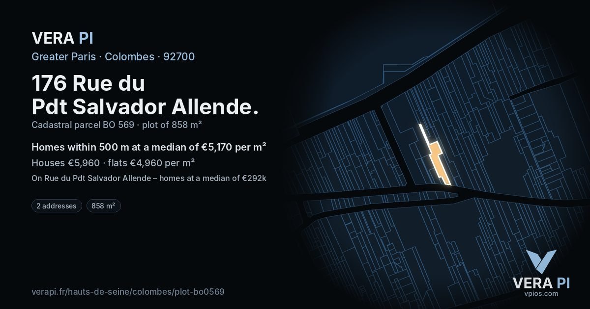 176 Rue du Pdt Salvador Allende, Colombes at night – the plot lit, the parcels around coloured by the prices near them
