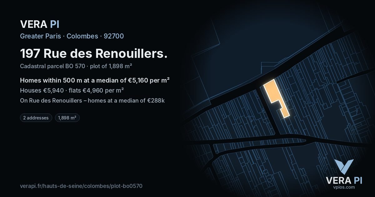 197 Rue des Renouillers, Colombes at night – the plot lit, the parcels around coloured by the prices near them