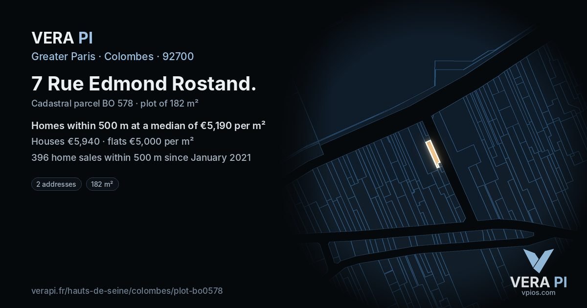 7 Rue Edmond Rostand, Colombes at night – the plot lit, the parcels around coloured by the prices near them