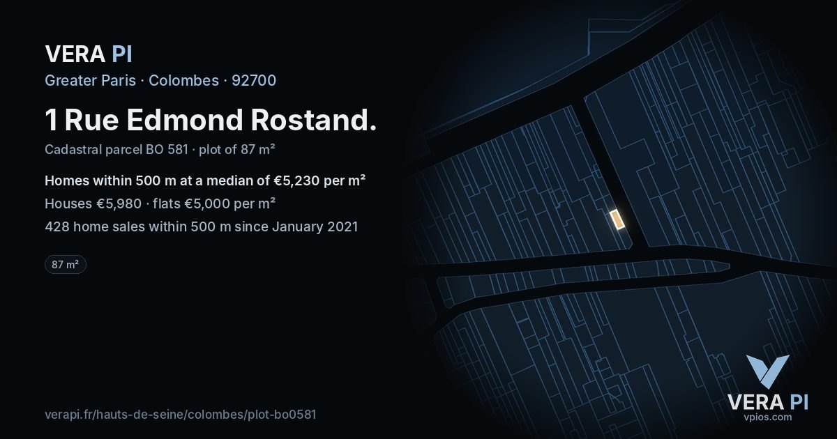 1 Rue Edmond Rostand, Colombes at night – the plot lit, the parcels around coloured by the prices near them