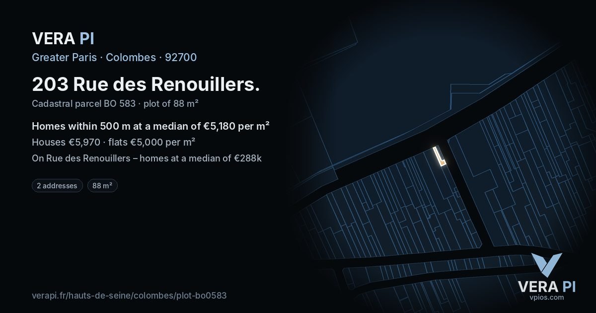 203 Rue des Renouillers, Colombes at night – the plot lit, the parcels around coloured by the prices near them