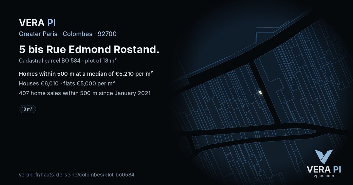 5 bis Rue Edmond Rostand, Colombes at night – the plot lit, the parcels around coloured by the prices near them