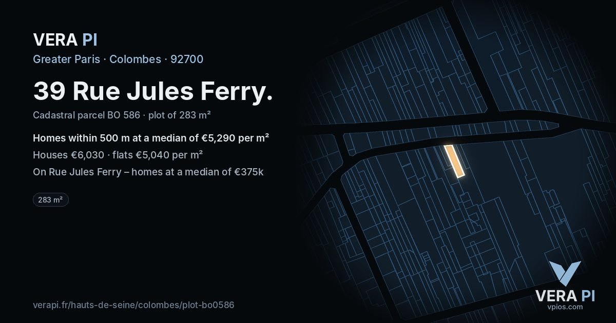 39 Rue Jules Ferry, Colombes at night – the plot lit, the parcels around coloured by the prices near them