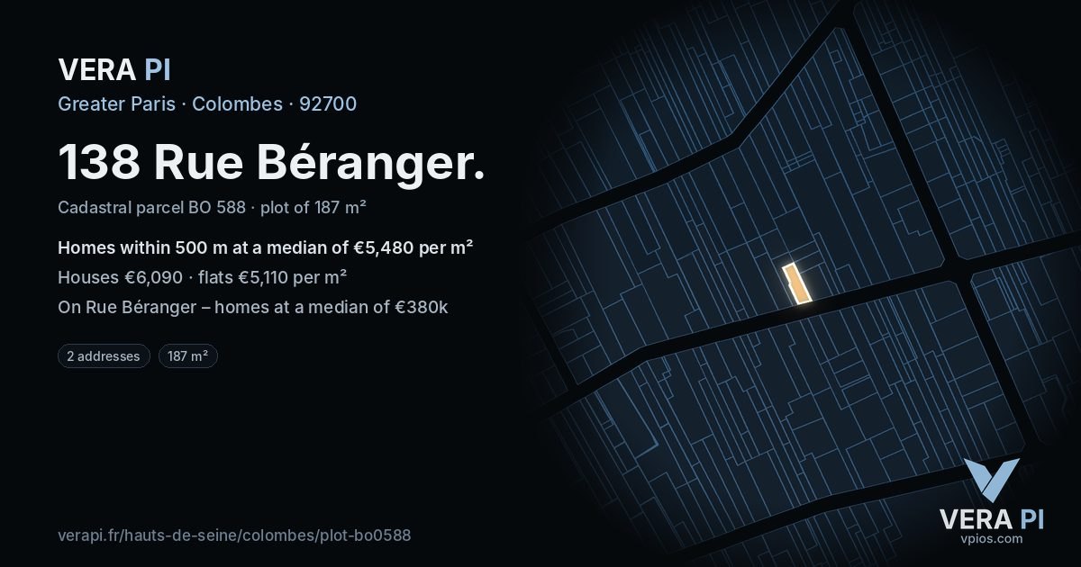 138 Rue Béranger, Colombes at night – the plot lit, the parcels around coloured by the prices near them