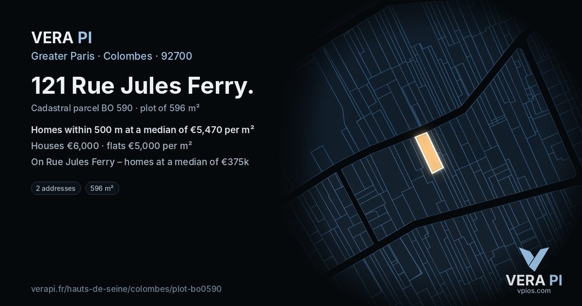 121 Rue Jules Ferry, Colombes at night – the plot lit, the parcels around coloured by the prices near them