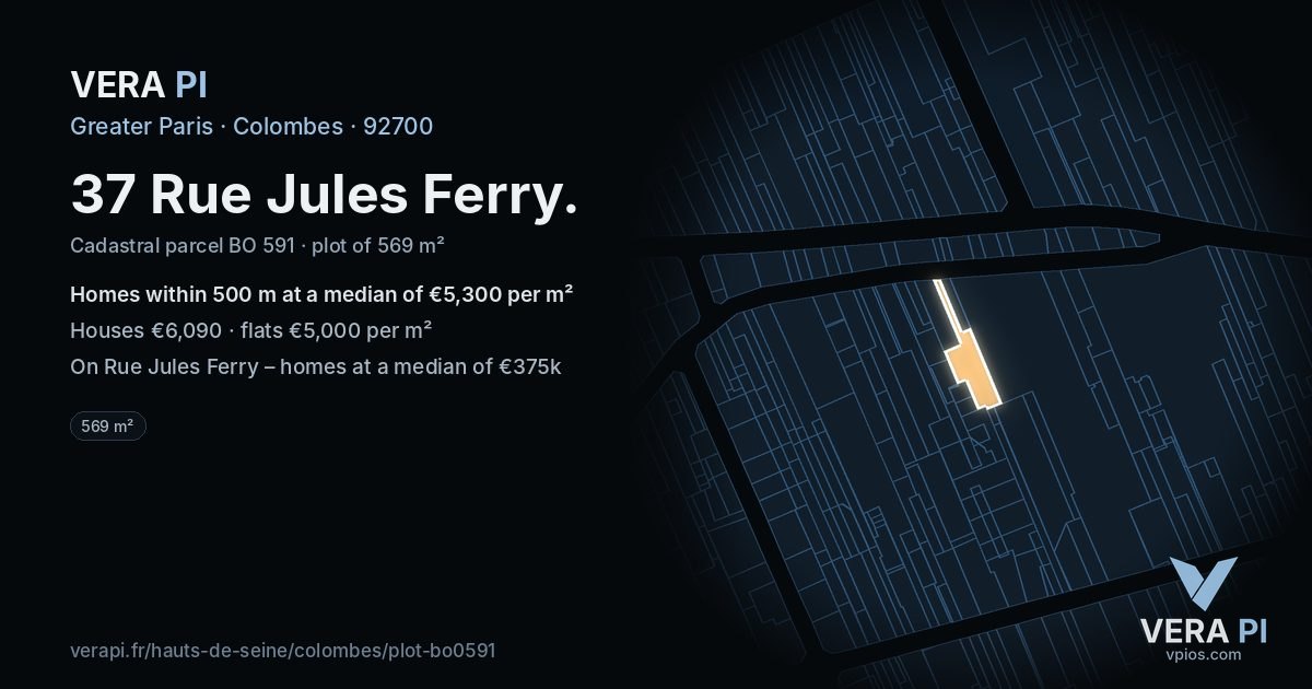 37 Rue Jules Ferry, Colombes at night – the plot lit, the parcels around coloured by the prices near them
