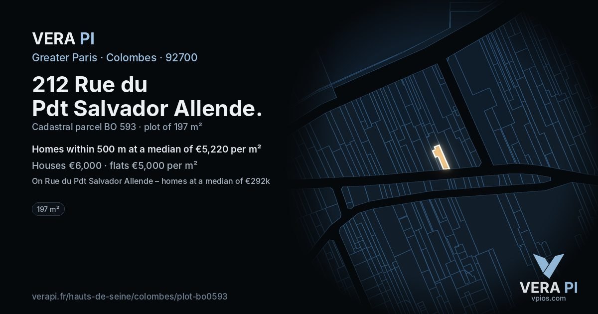 212 Rue du Pdt Salvador Allende, Colombes at night – the plot lit, the parcels around coloured by the prices near them