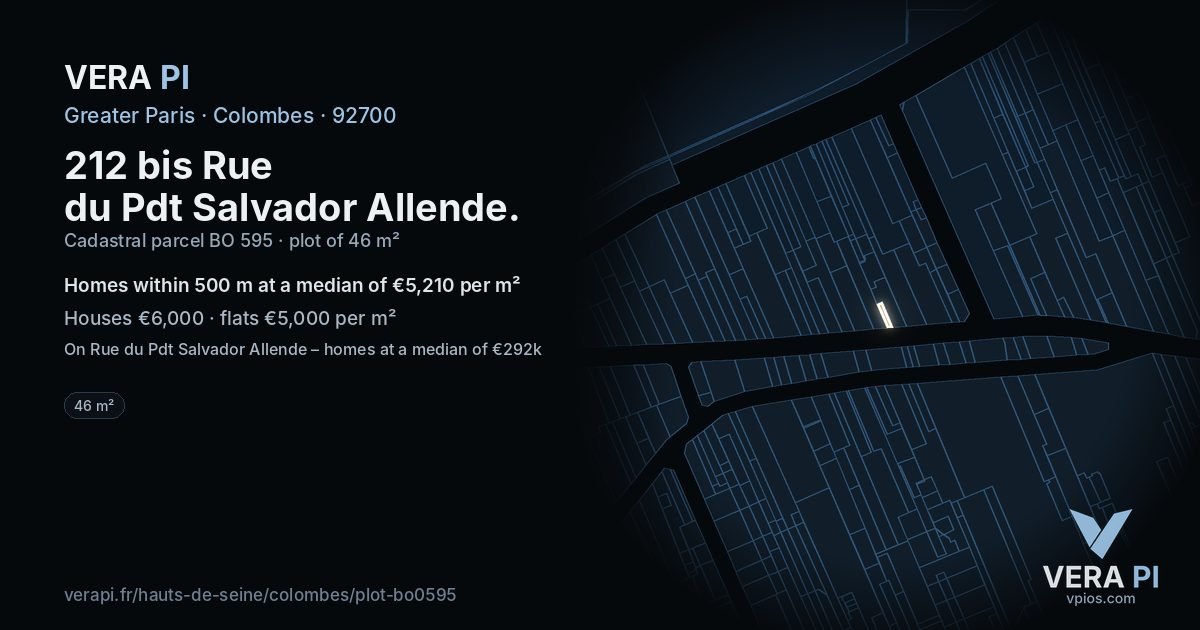212 bis Rue du Pdt Salvador Allende, Colombes at night – the plot lit, the parcels around coloured by the prices near them