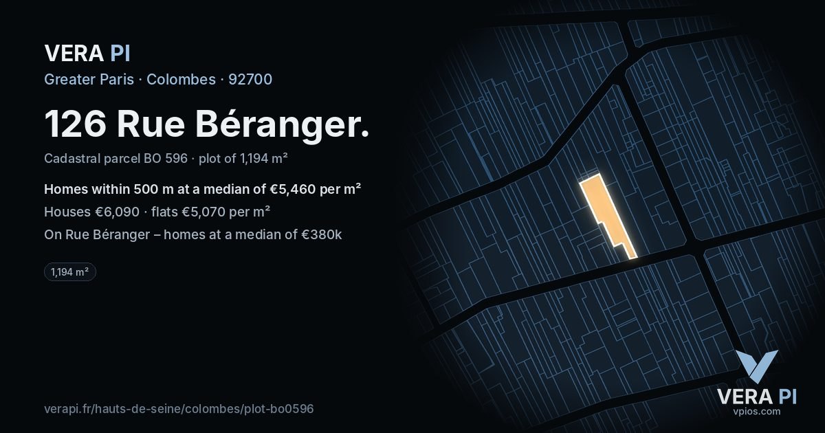126 Rue Béranger, Colombes at night – the plot lit, the parcels around coloured by the prices near them