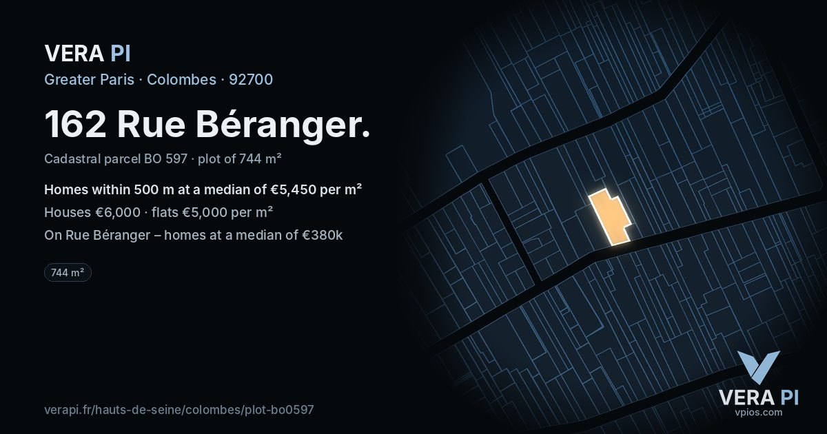 162 Rue Béranger, Colombes at night – the plot lit, the parcels around coloured by the prices near them