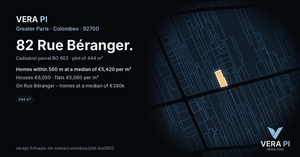 82 Rue Béranger, Colombes at night – the plot lit, the parcels around coloured by the prices near them