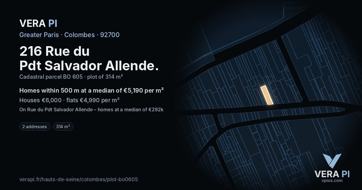 216 Rue du Pdt Salvador Allende, Colombes at night – the plot lit, the parcels around coloured by the prices near them