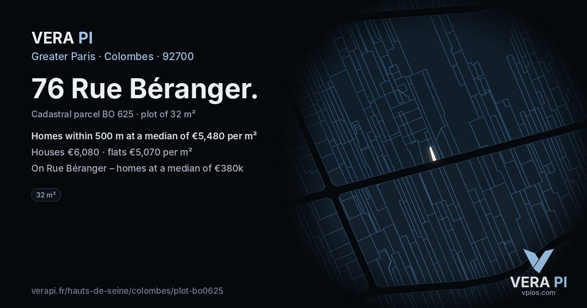 76 Rue Béranger, Colombes at night – the plot lit, the parcels around coloured by the prices near them