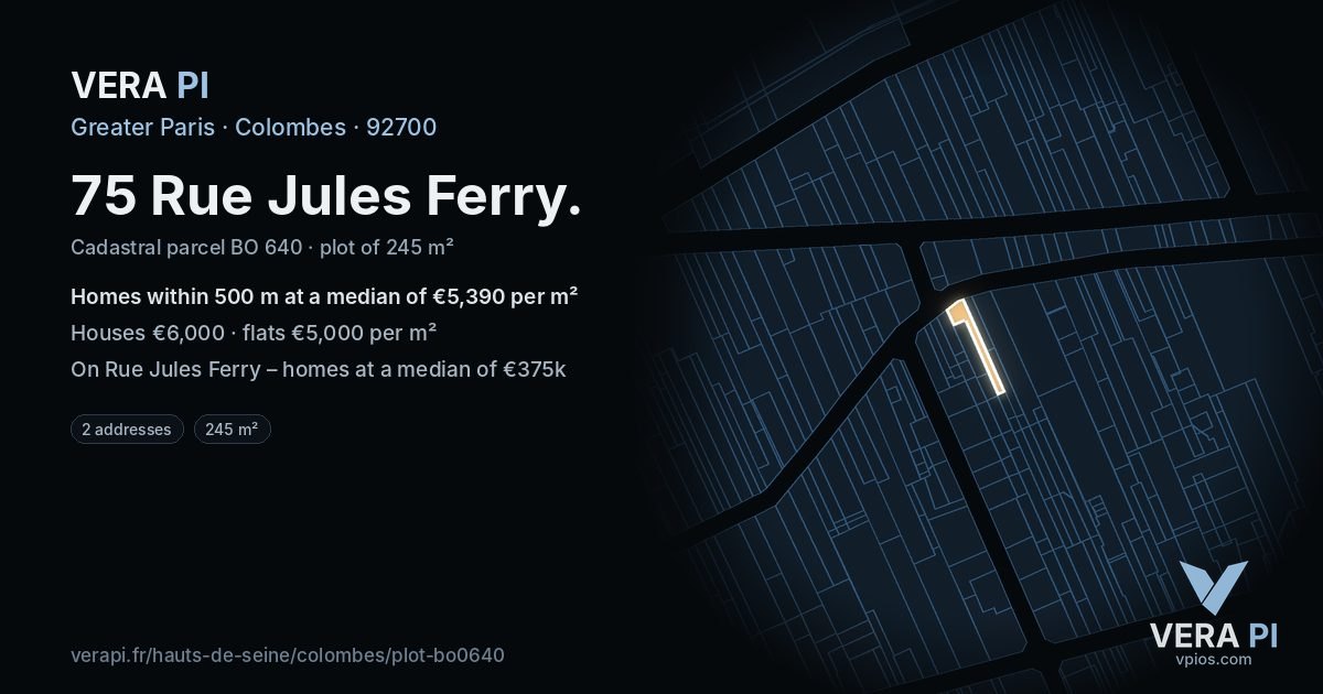 75 Rue Jules Ferry, Colombes at night – the plot lit, the parcels around coloured by the prices near them