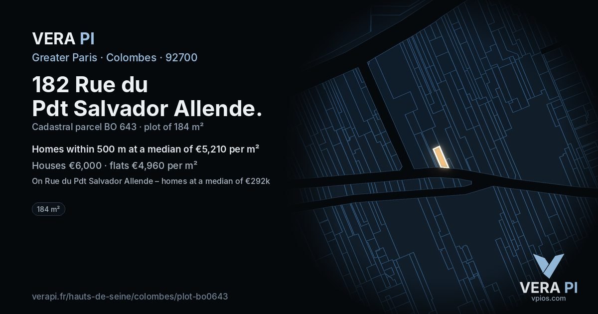 182 Rue du Pdt Salvador Allende, Colombes at night – the plot lit, the parcels around coloured by the prices near them