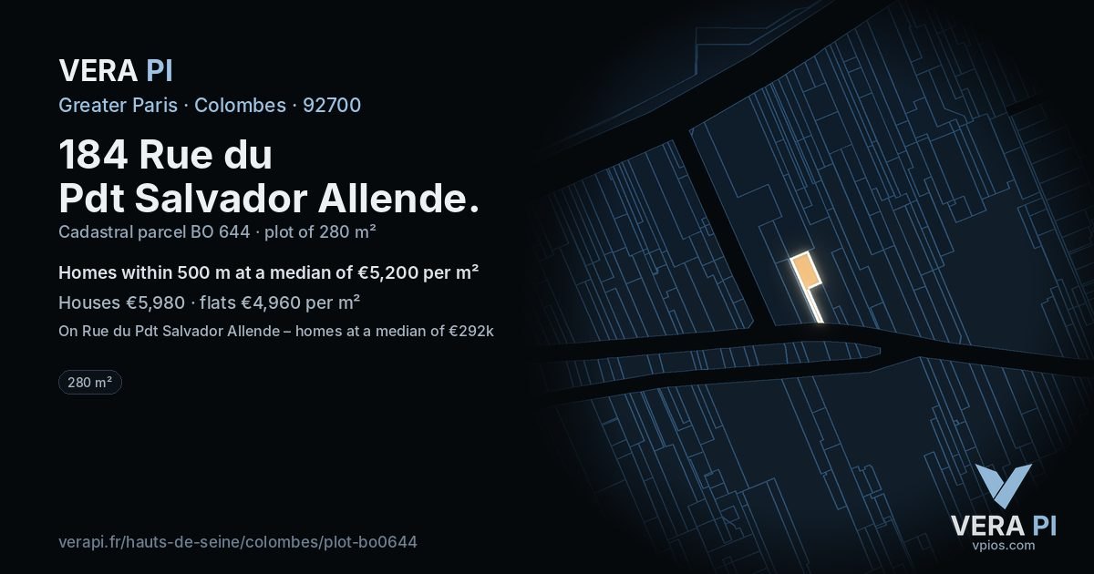 184 Rue du Pdt Salvador Allende, Colombes at night – the plot lit, the parcels around coloured by the prices near them