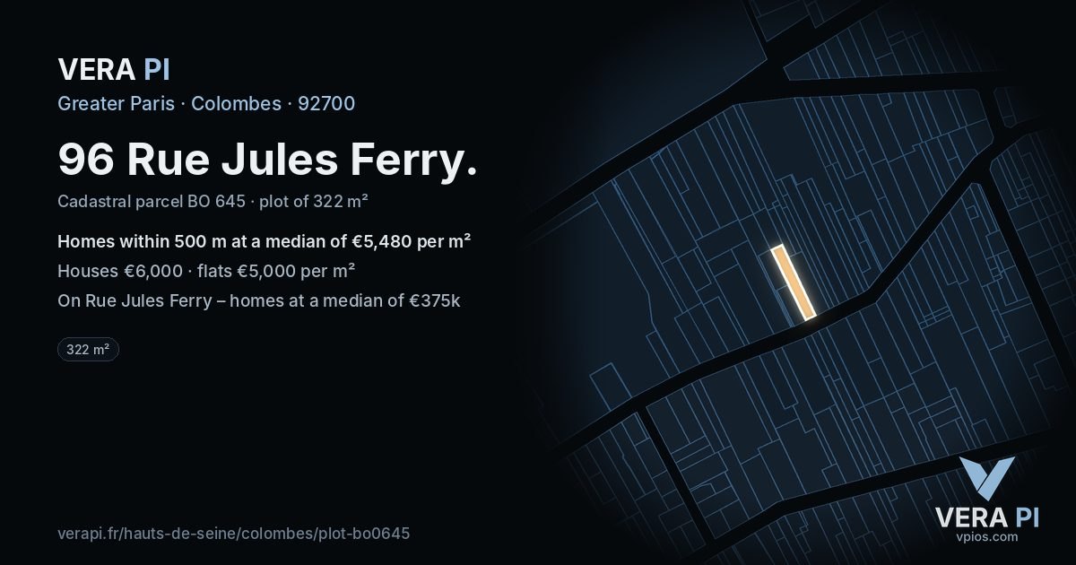 96 Rue Jules Ferry, Colombes at night – the plot lit, the parcels around coloured by the prices near them