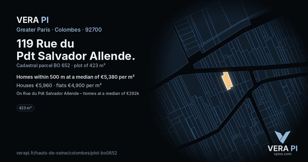 119 Rue du Pdt Salvador Allende, Colombes at night – the plot lit, the parcels around coloured by the prices near them